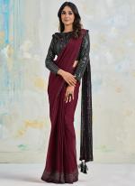 Sattin Silk Crepe Wine Wedding Wear Sequins Work Ready To Wear Saree